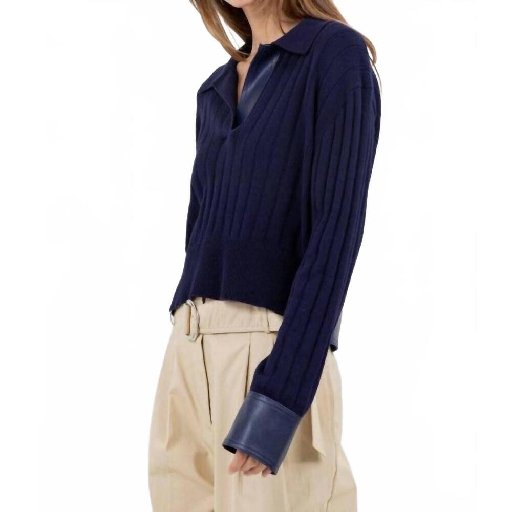 NEW WHITEROOM+CACTUS faux leather knitted long sleeve sweater in navy - Picture 3 of 5